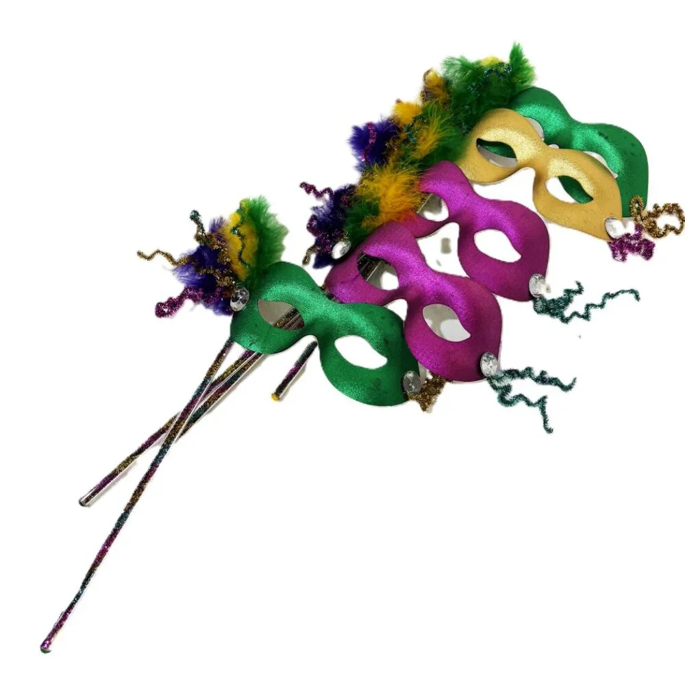 Mardi Gras Masks Set of 5 Colorful Harlequin on Sticks NWT NOS